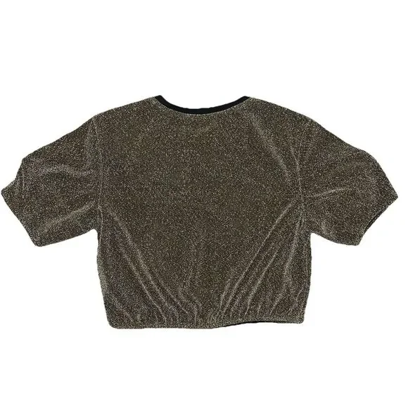 Forever 21 Gold Shimmer Puff Sleeve Crop Top Dress Shirt Size S Sparkle Glam - Picture 11 of 12